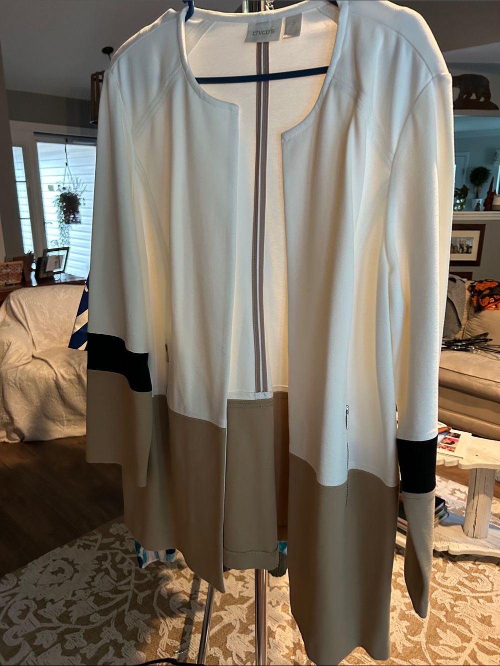 Chico's Colorblock Open Front Jacket with Zipper Embellishments